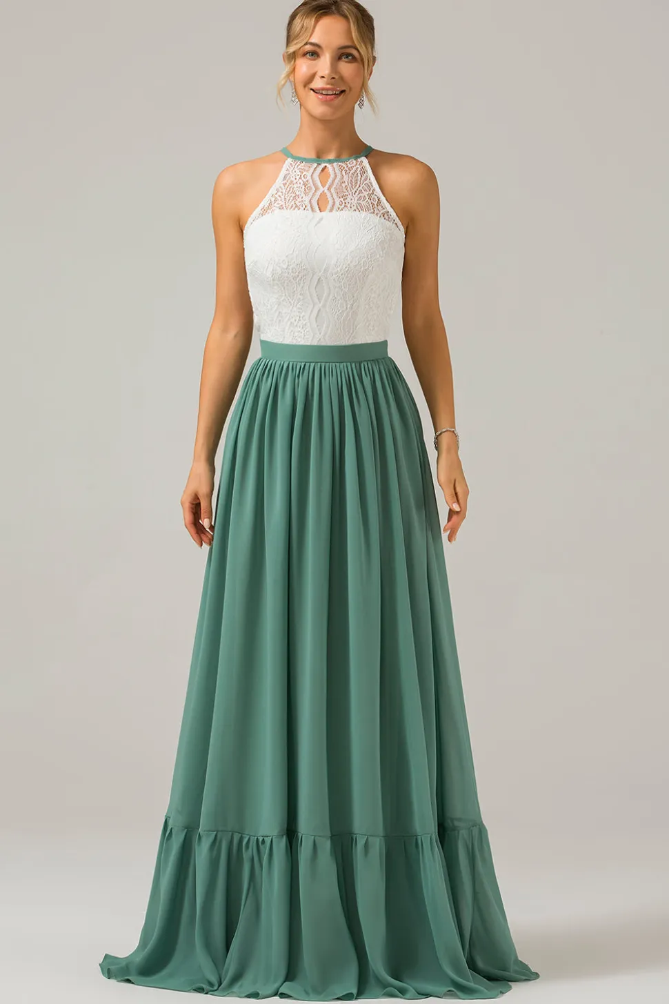 Eucalipto Keyhole Boho Chiffon Long Vestido de Madrinha com Renda