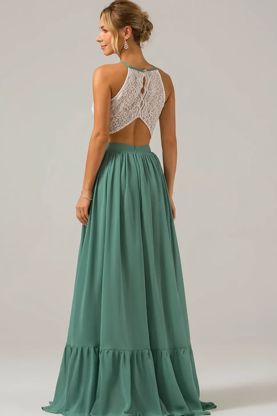 Eucalipto Keyhole Boho Chiffon Long Vestido de Madrinha com Renda