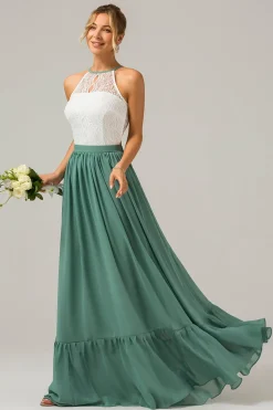 Eucalipto Keyhole Boho Chiffon Long Vestido de Madrinha com Renda