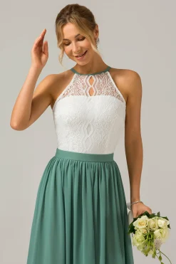 Eucalipto Keyhole Boho Chiffon Long Vestido de Madrinha com Renda