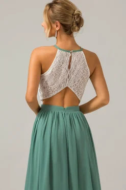 Eucalipto Keyhole Boho Chiffon Long Vestido de Madrinha com Renda