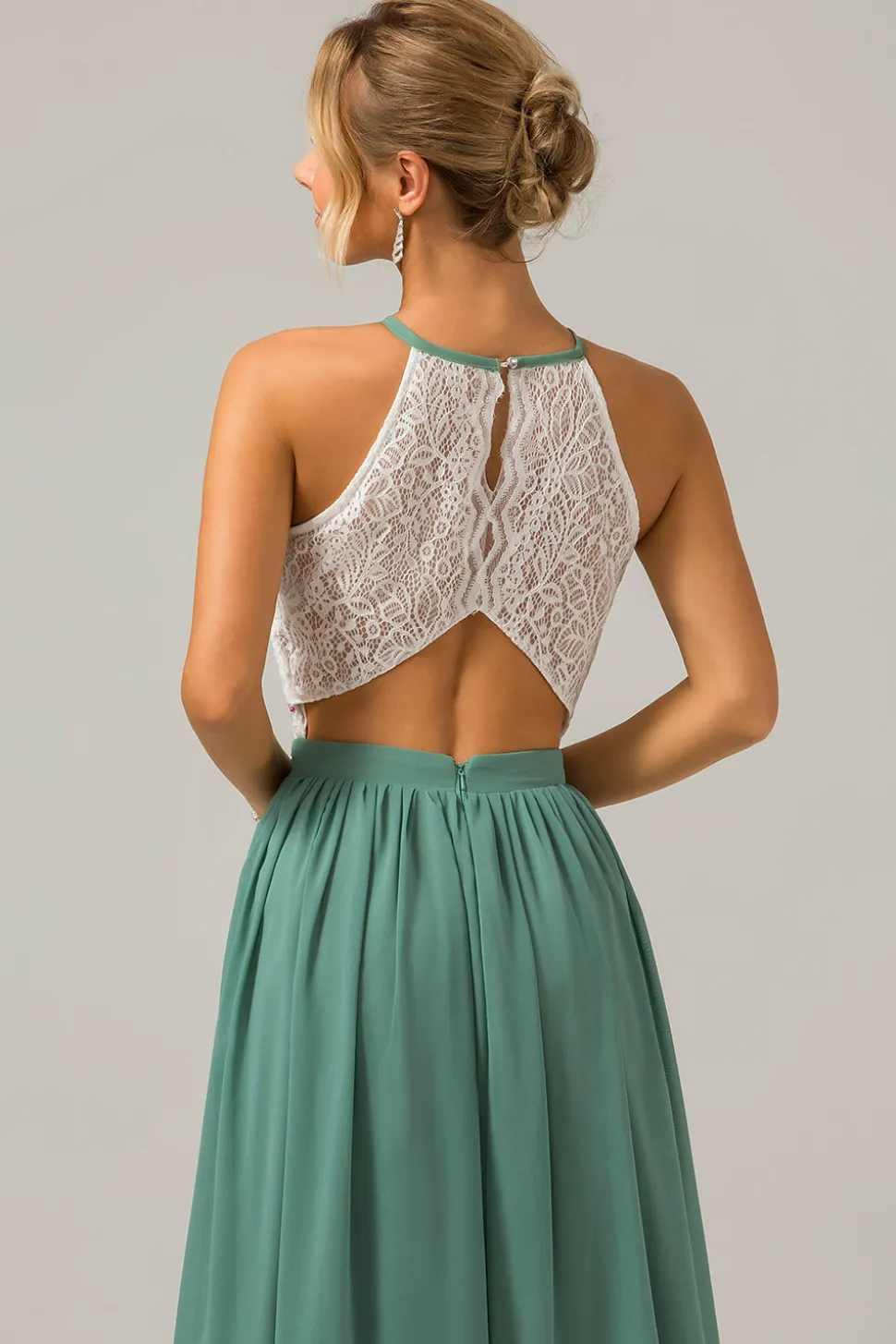 Eucalipto Keyhole Boho Chiffon Long Vestido de Madrinha com Renda