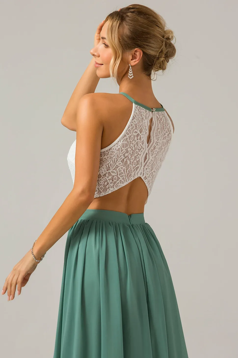 Eucalipto Keyhole Boho Chiffon Long Vestido de Madrinha com Renda