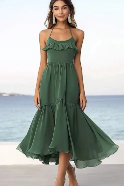 Eucalipto Linha-A Chiffon Plissado Midi Vestido de Verão