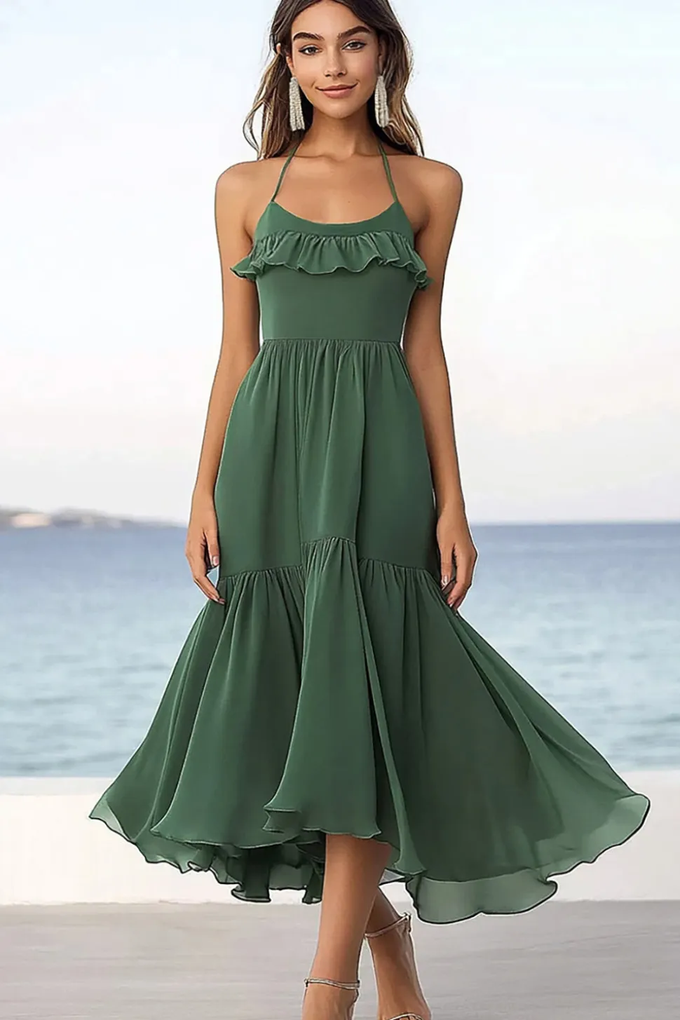 Eucalipto Linha-A Chiffon Plissado Midi Vestido de Verão