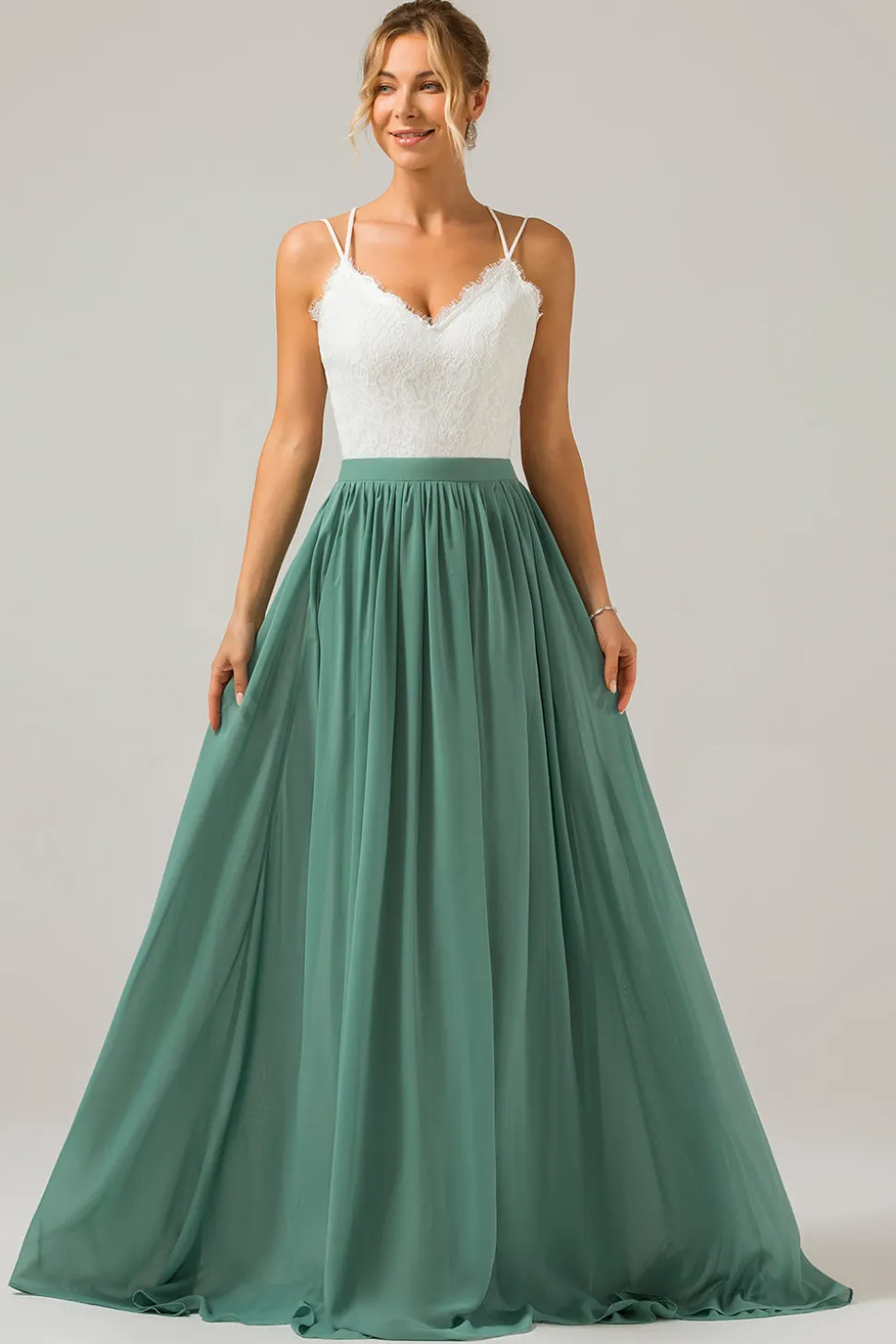 Eucalipto Open Back Boho Chiffon Vestido Longo Madrinha com Renda