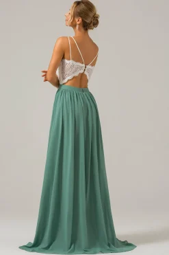 Eucalipto Open Back Boho Chiffon Vestido Longo Madrinha com Renda