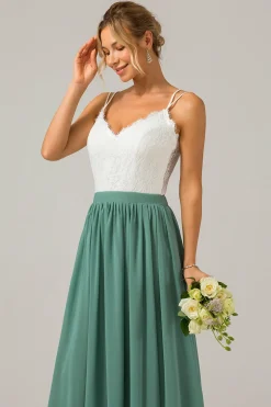 Eucalipto Open Back Boho Chiffon Vestido Longo Madrinha com Renda