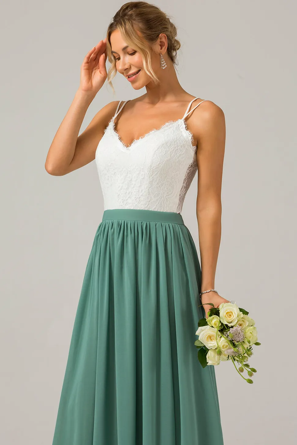 Eucalipto Open Back Boho Chiffon Vestido Longo Madrinha com Renda
