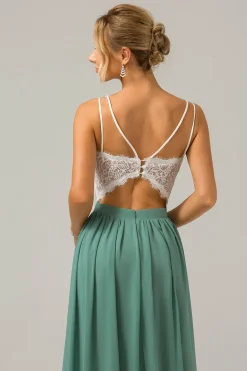 Eucalipto Open Back Boho Chiffon Vestido Longo Madrinha com Renda