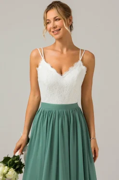 Eucalipto Open Back Boho Chiffon Vestido Longo Madrinha com Renda