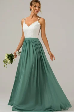 Eucalipto Open Back Boho Chiffon Vestido Longo Madrinha com Renda