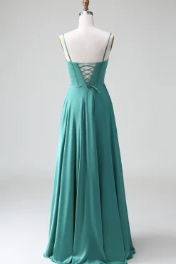 Eucalipto Uma Linha Esparguete Correias Espartilho Plissado Cetim Vestido Madrinha