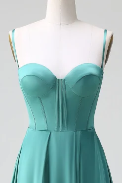 Eucalipto Uma Linha Esparguete Correias Espartilho Plissado Cetim Vestido Madrinha