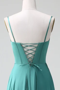 Eucalipto Uma Linha Esparguete Correias Espartilho Plissado Cetim Vestido Madrinha