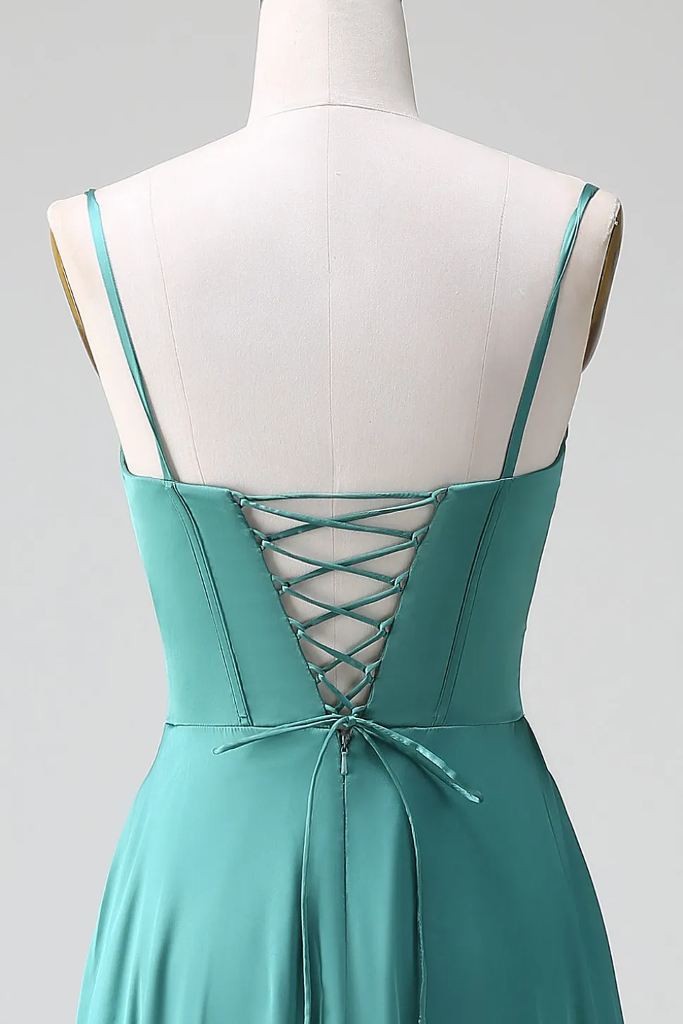 Eucalipto Uma Linha Esparguete Correias Espartilho Plissado Cetim Vestido Madrinha