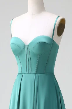 Eucalipto Uma Linha Esparguete Correias Espartilho Plissado Cetim Vestido Madrinha