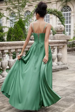 Eucalipto Uma Linha Esparguete Correias Espartilho Plissado Cetim Longo Vestido Madrinha