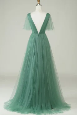 Eucalipto V Pescoço Aberto Costas A-Line Tule Vestido Madrinha
