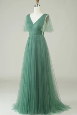 Eucalipto V Pescoço Aberto Costas A-Line Tule Vestido Madrinha