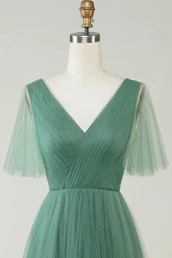 Eucalipto V Pescoço Aberto Costas A-Line Tule Vestido Madrinha