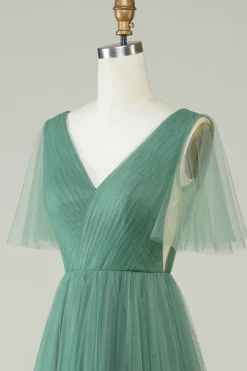 Eucalipto V Pescoço Aberto Costas A-Line Tule Vestido Madrinha