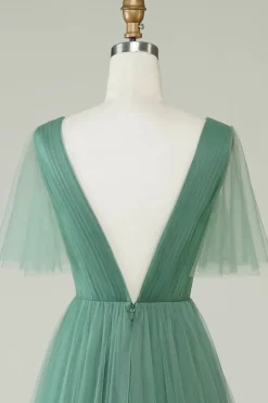 Eucalipto V Pescoço Aberto Costas A-Line Tule Vestido Madrinha