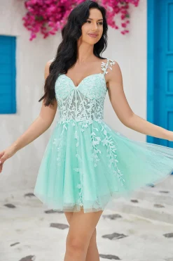 Exclusivo A Line Spaghetti Straps Mint Vestido Curto Homecoming com Apliques