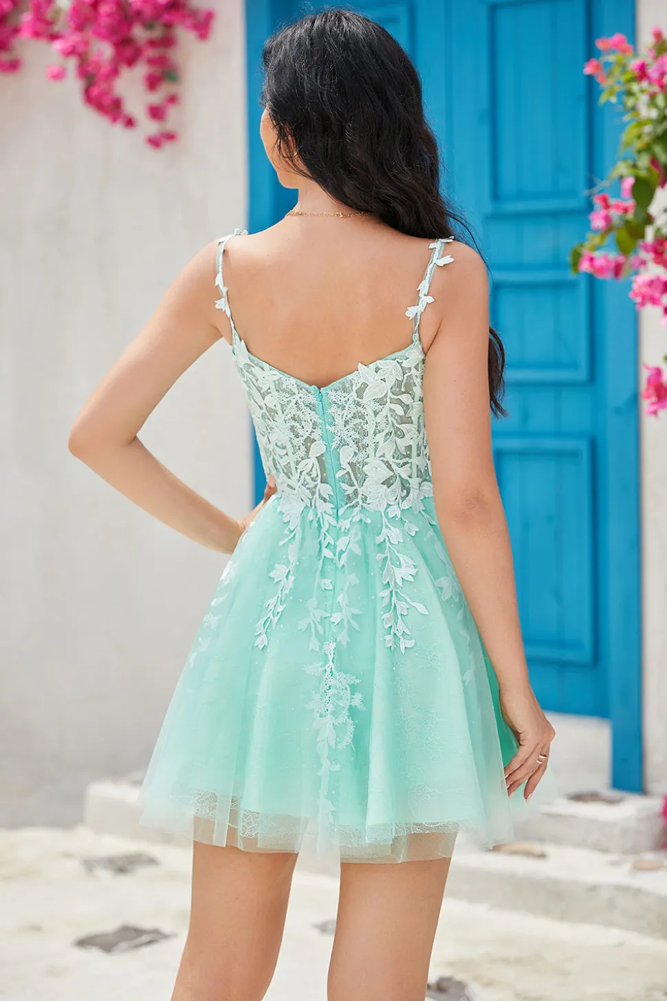 Exclusivo A Line Spaghetti Straps Mint Vestido Curto Homecoming com Apliques