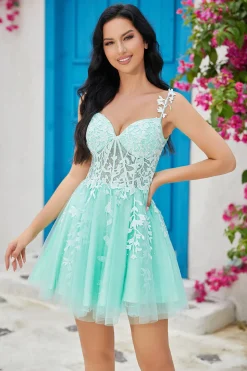 Exclusivo A Line Spaghetti Straps Mint Vestido Curto Homecoming com Apliques