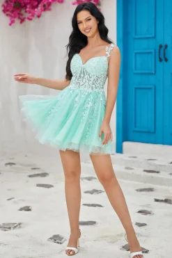 Exclusivo A Line Spaghetti Straps Mint Vestido Curto Homecoming com Apliques