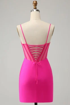 Exclusivo brilhante frisado apertado espartilho curto Fuchsia Homecoming vestido com fenda