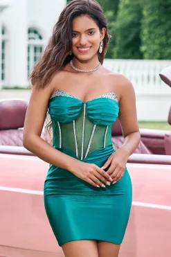 Exclusivo brilhante verde escuro espartilho espartilho apertado Homecoming vestido com friso