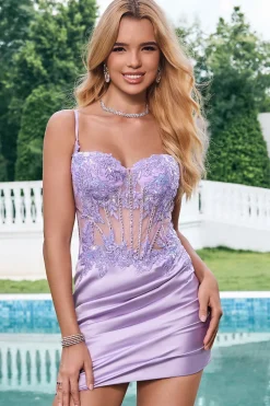 Exclusivo Sparkly Tight Corset Sequin Plissado Vestido de Retorno Roxo com Apliques