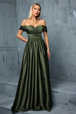 Exército Verde Fora do Ombro Cetim A-Line Long Prom Dress