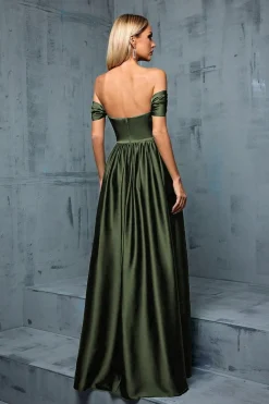 Exército Verde Fora do Ombro Cetim A-Line Long Prom Dress