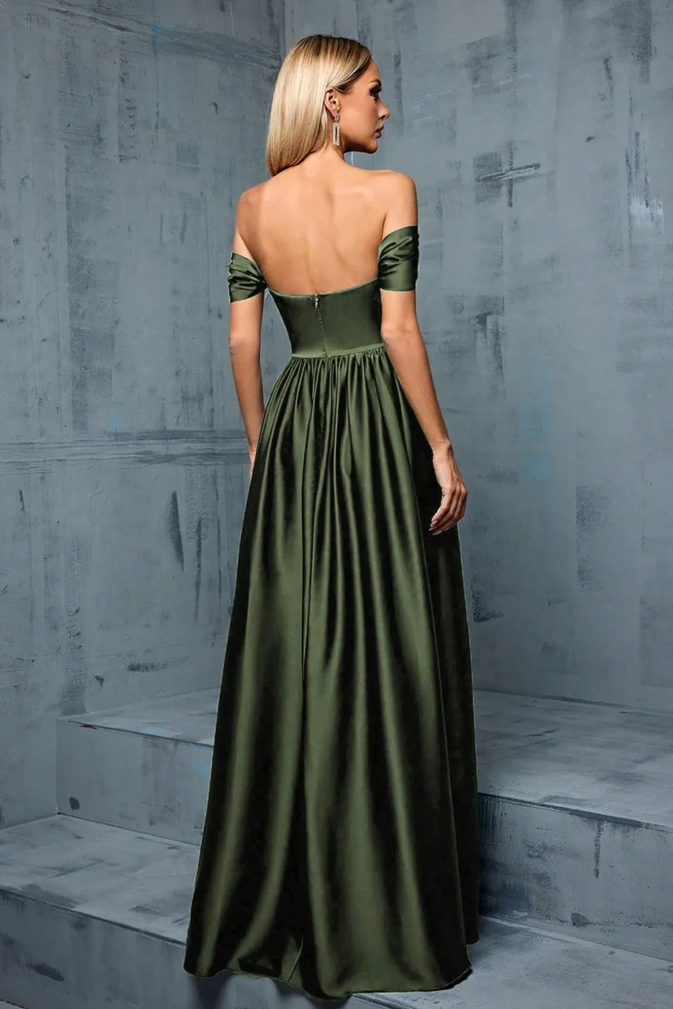 Exército Verde Fora do Ombro Cetim A-Line Long Prom Dress