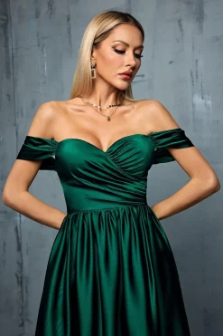 Exército Verde Fora do Ombro Cetim A-Line Long Prom Dress