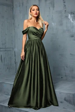 Exército Verde Fora do Ombro Cetim A-Line Long Prom Dress