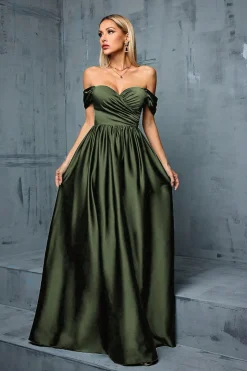 Exército Verde Fora do Ombro Cetim A-Line Long Prom Dress