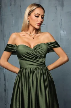 Exército Verde Fora do Ombro Cetim A-Line Long Prom Dress