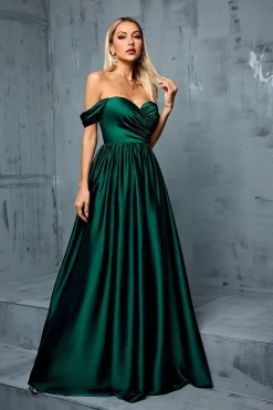 Exército Verde Fora do Ombro Cetim A-Line Long Prom Dress