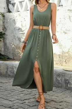 Exército Verde Linha-A Midi Vestido de Verão com Cinto