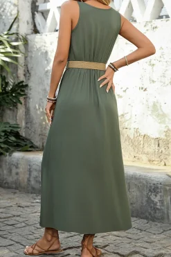 Exército Verde Linha-A Midi Vestido de Verão com Cinto