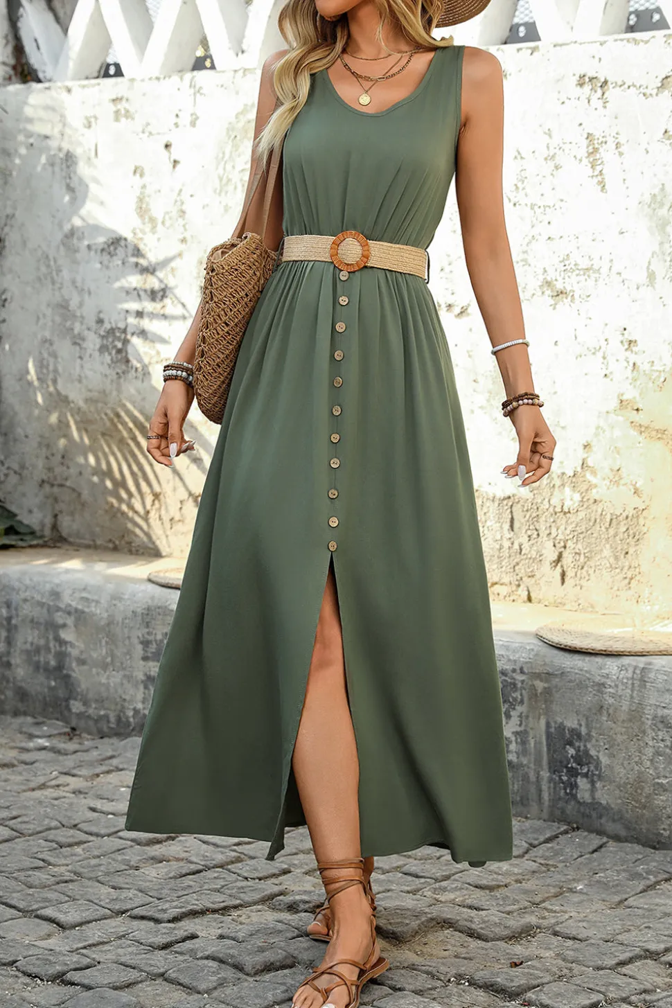 Exército Verde Linha-A Midi Vestido de Verão com Cinto