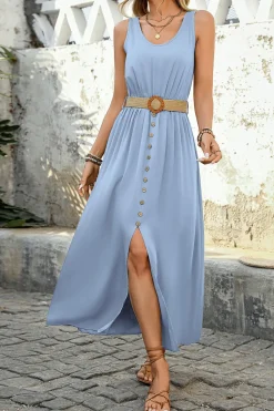 Exército Verde Linha-A Midi Vestido de Verão com Cinto