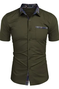Exército Verde mangas curtas botão para baixo camisa masculina casual