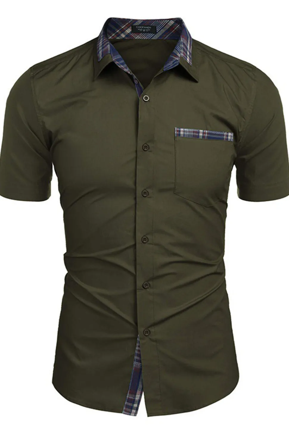 Exército Verde mangas curtas botão para baixo camisa masculina casual