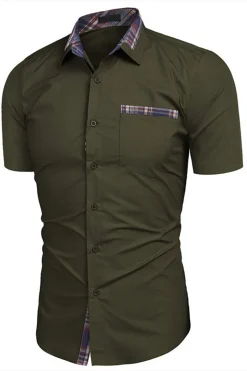 Exército Verde mangas curtas botão para baixo camisa masculina casual