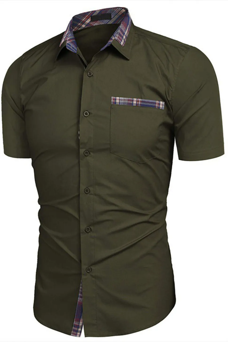 Exército Verde mangas curtas botão para baixo camisa masculina casual